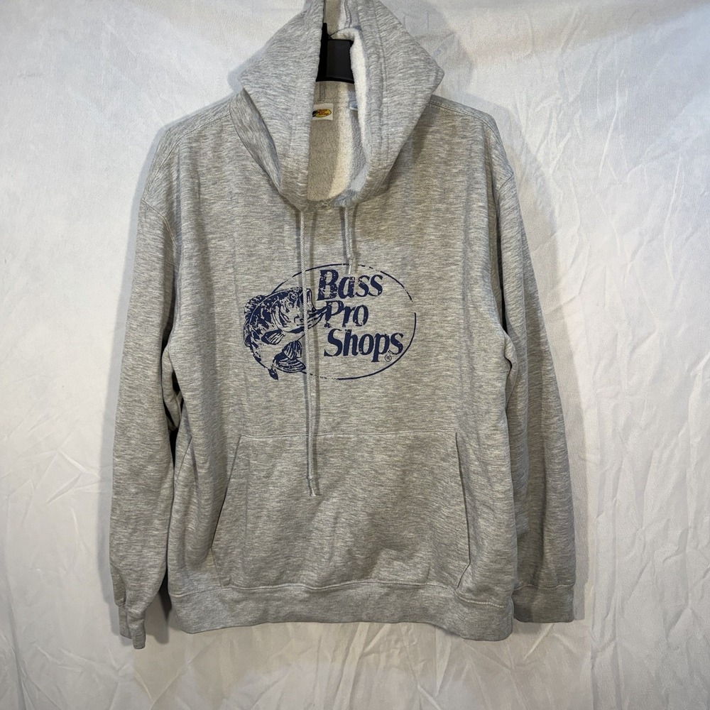 Bass Pro Distressed Hoodie Mens Size(XL) Fits A Large Sweatshirt Gray Fish